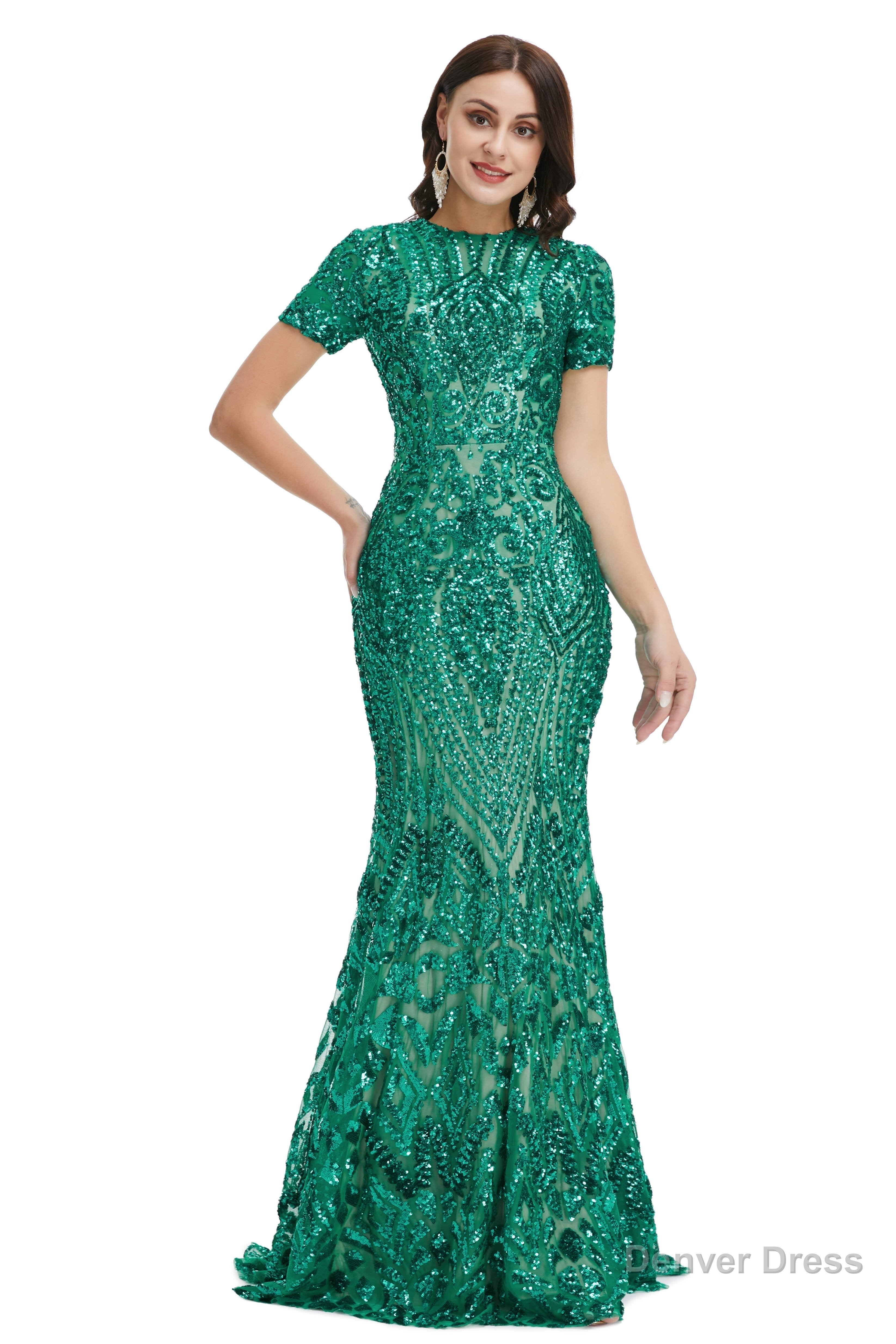 Short Sleeves Sequins A Line Prom Dresses