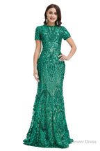 Short Sleeves Sequins A Line Prom Dresses