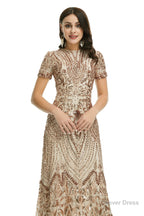 Short Sleeves Sequins A Line Prom Dresses