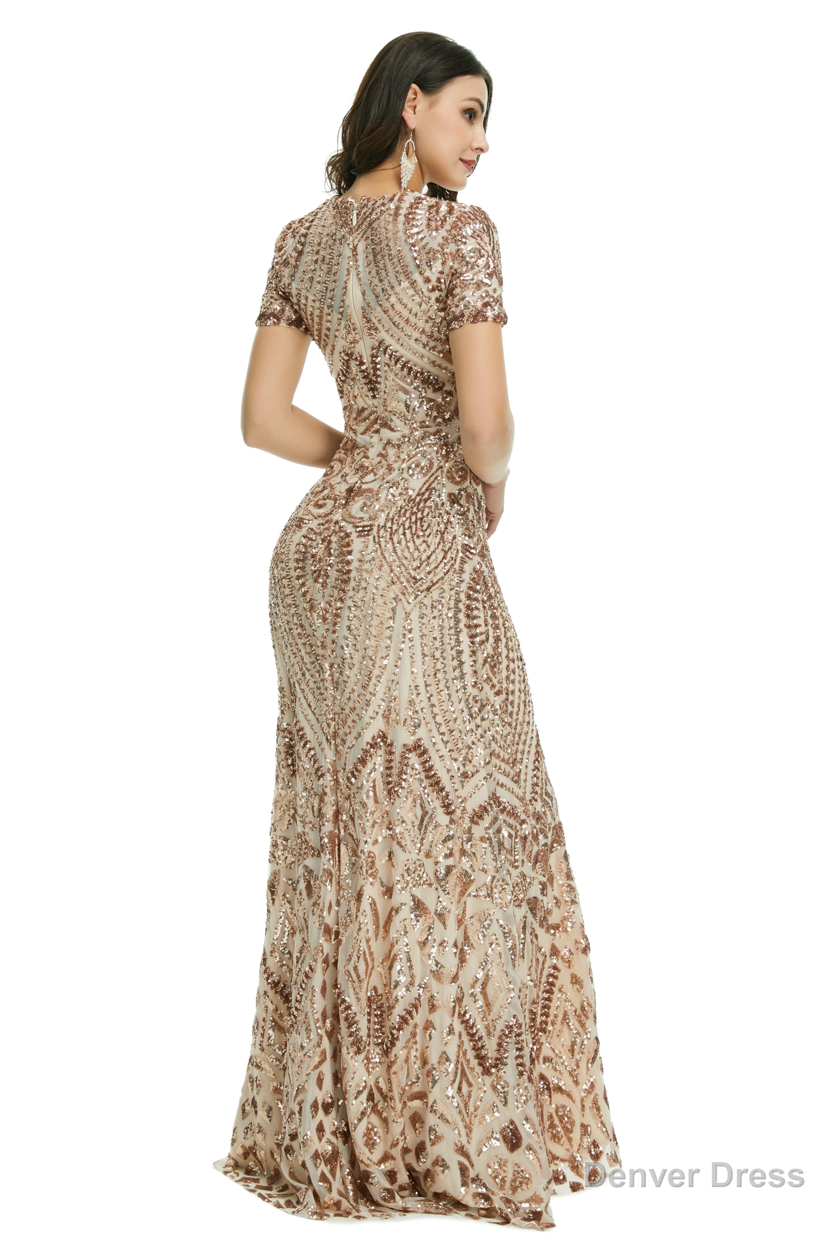 Short Sleeves Sequins A Line Prom Dresses