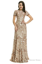 Short Sleeves Sequins A Line Prom Dresses