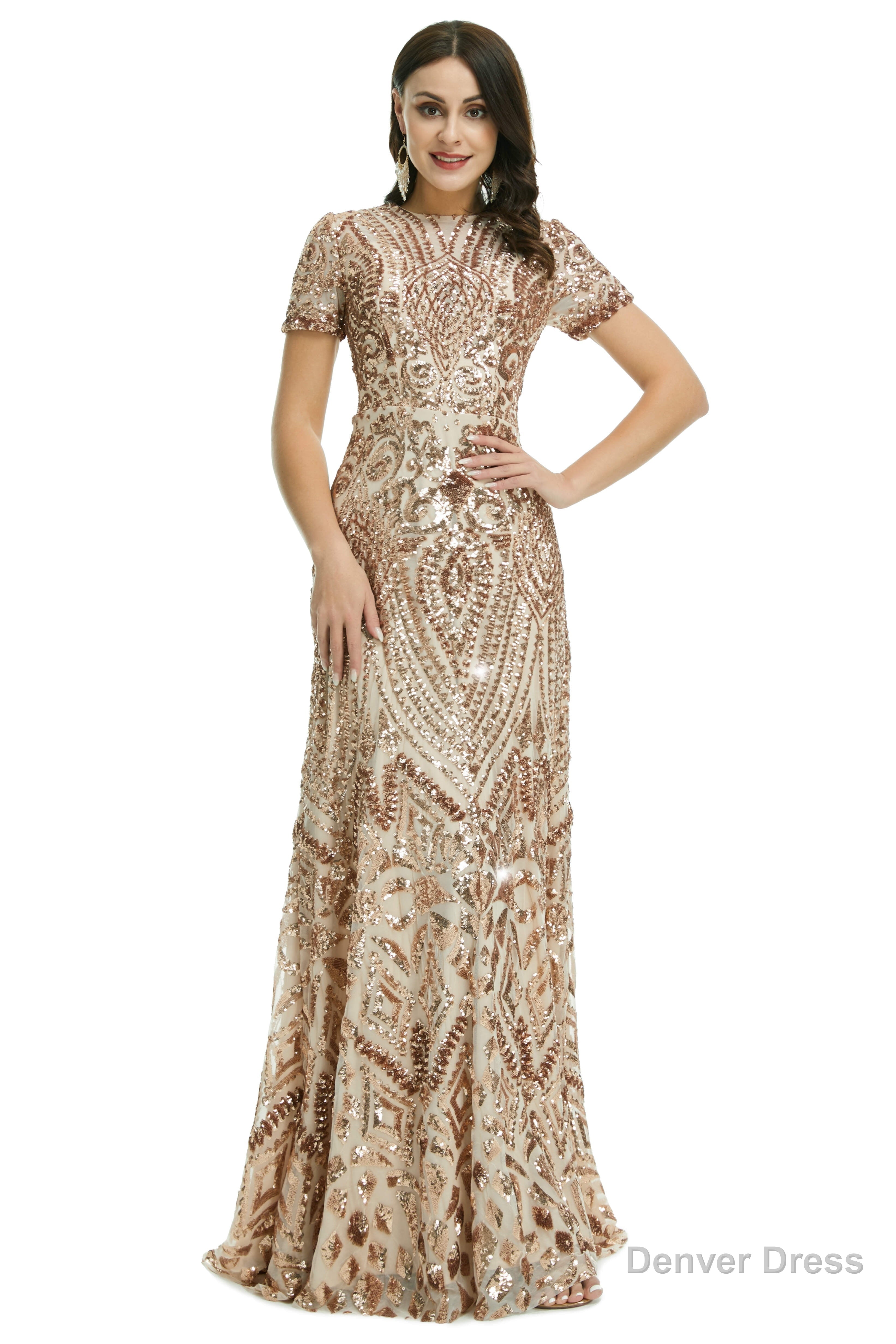 Short Sleeves Sequins A Line Prom Dresses