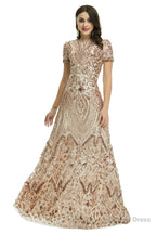Short Sleeves Sequins A Line Prom Dresses