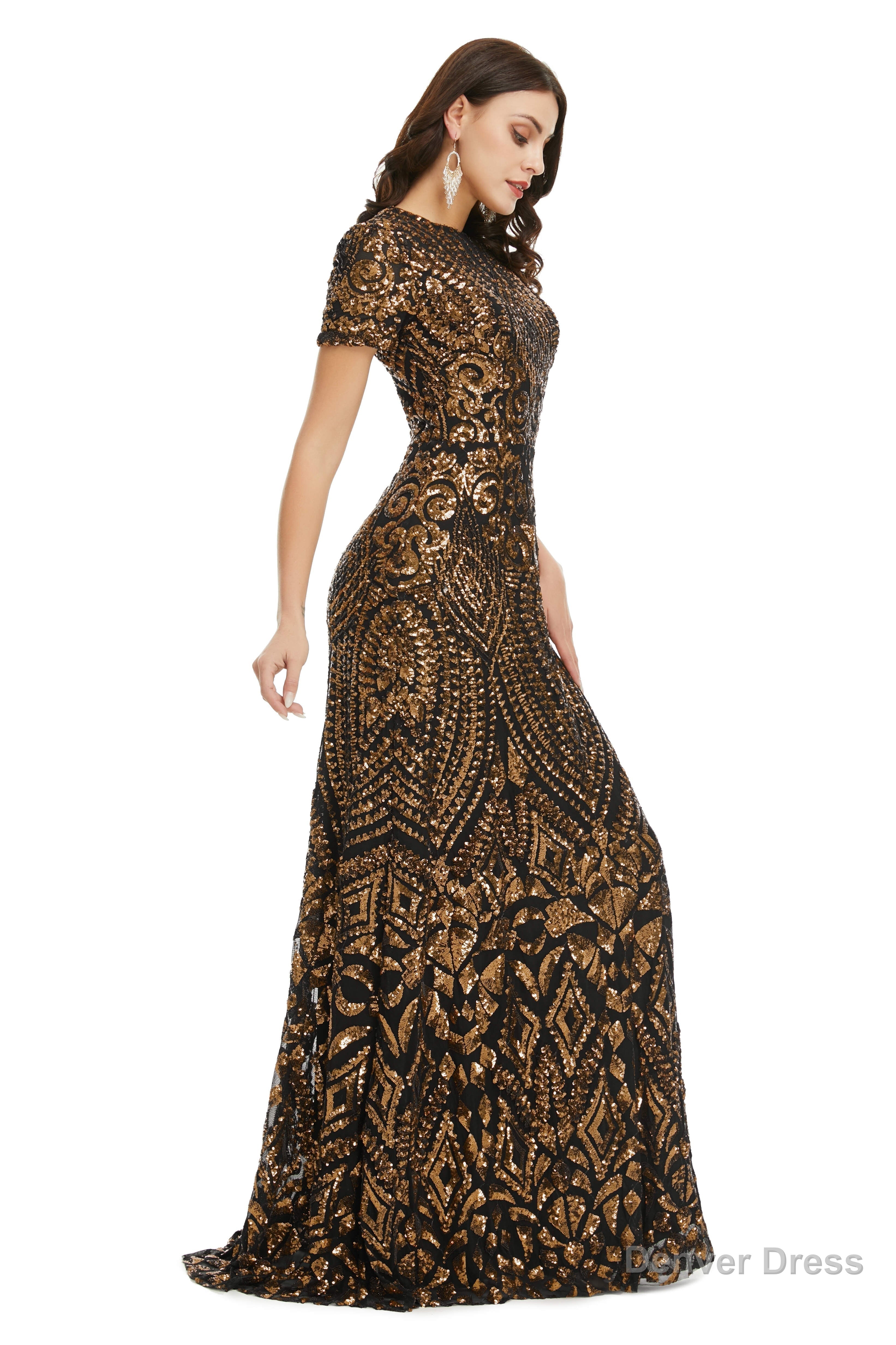 Short Sleeves Sequins A Line Prom Dresses