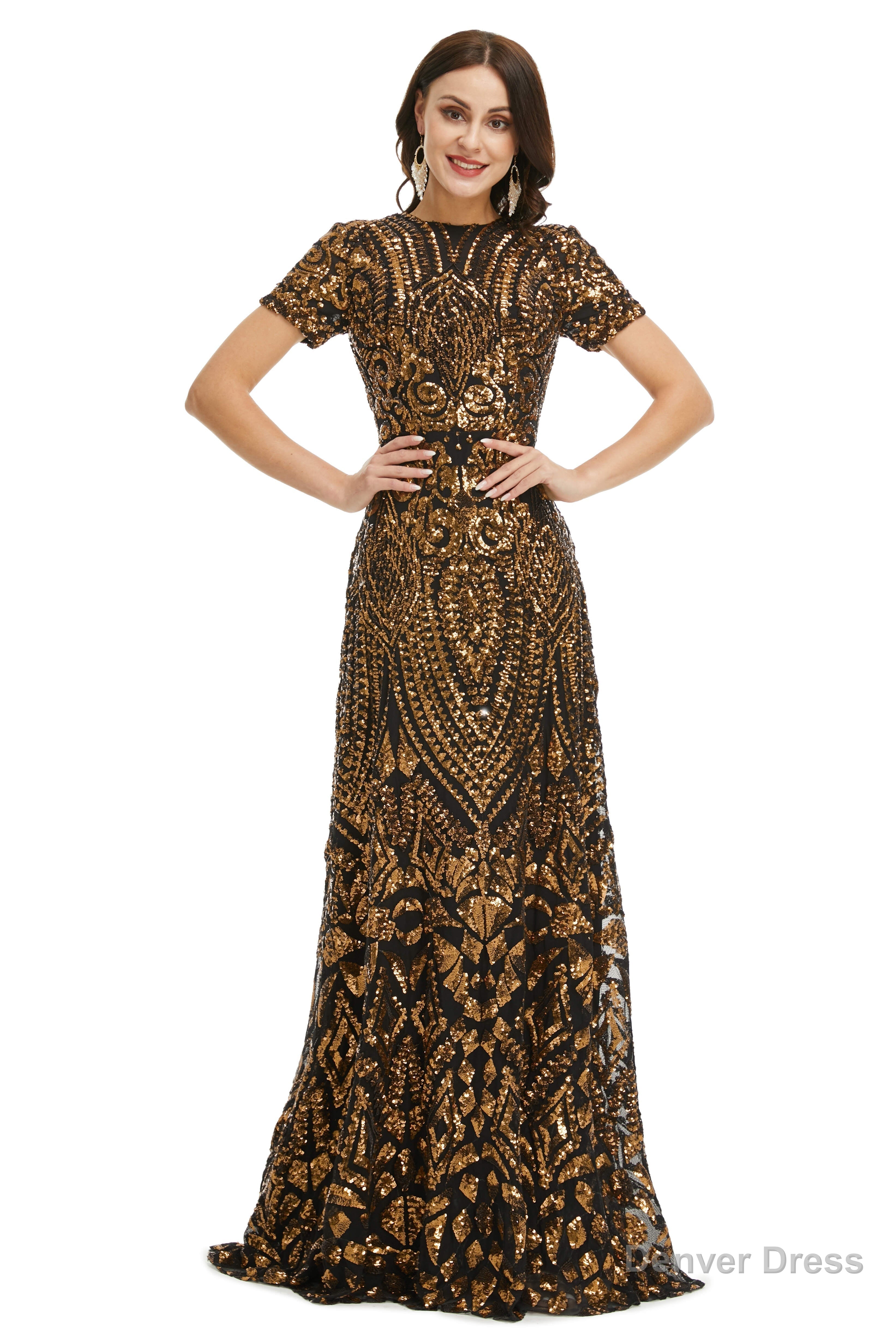 Short Sleeves Sequins A Line Prom Dresses