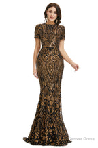 Short Sleeves Sequins A Line Prom Dresses
