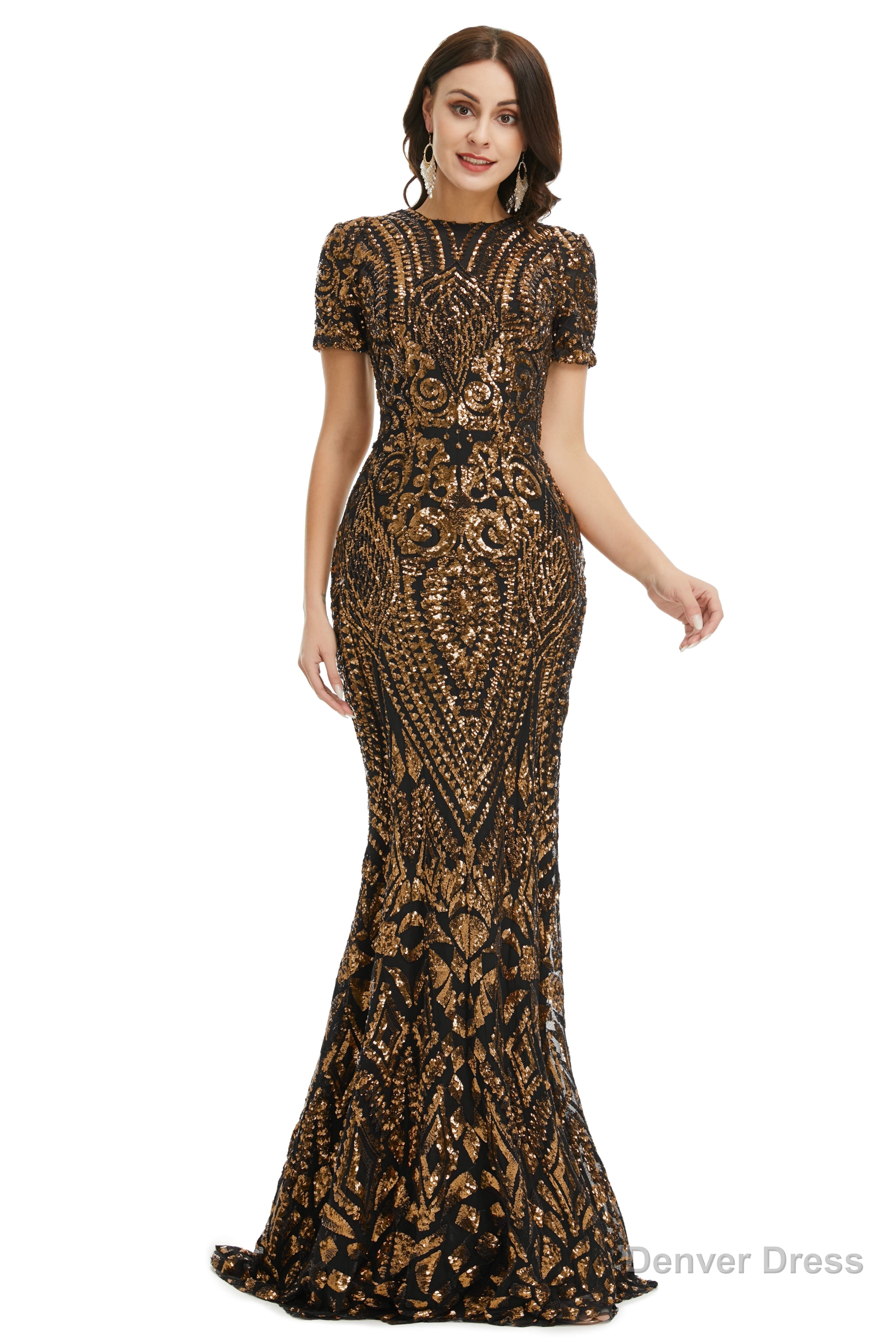 Short Sleeves Sequins A Line Prom Dresses