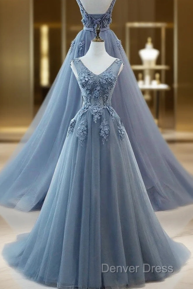 WomenS Tulle Evening Dresses Appliques Long Prom Dresses H3818 Main image