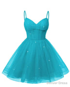 Womens V Neck Tulle Spaghetti Straps Aqua Blue Homecoming Dresses with Corset Back Short Prom Gown for Teens