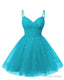 Womens V Neck Tulle Spaghetti Straps Aqua Blue Homecoming Dresses with Corset Back Short Prom Gown for Teens