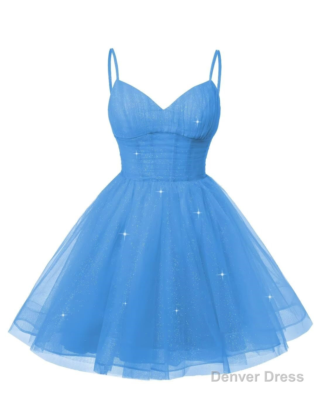 Womens V Neck Tulle Spaghetti Straps Blue Homecoming Dresses with Corset Back Short Prom Gown for Teens