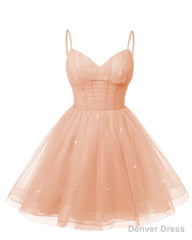 Womens V Neck Tulle Spaghetti Straps Blush Pink Homecoming Dresses with Corset Back Short Prom Gowns for Teens