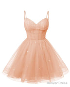 Womens V Neck Tulle Spaghetti Straps Blush Pink Homecoming Dresses with Corset Back Short Prom Gown for Teens