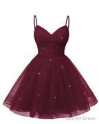 Womens V Neck Tulle Spaghetti Straps Burgundy Homecoming Dresses with Corset Back Short Prom Gown for Teens