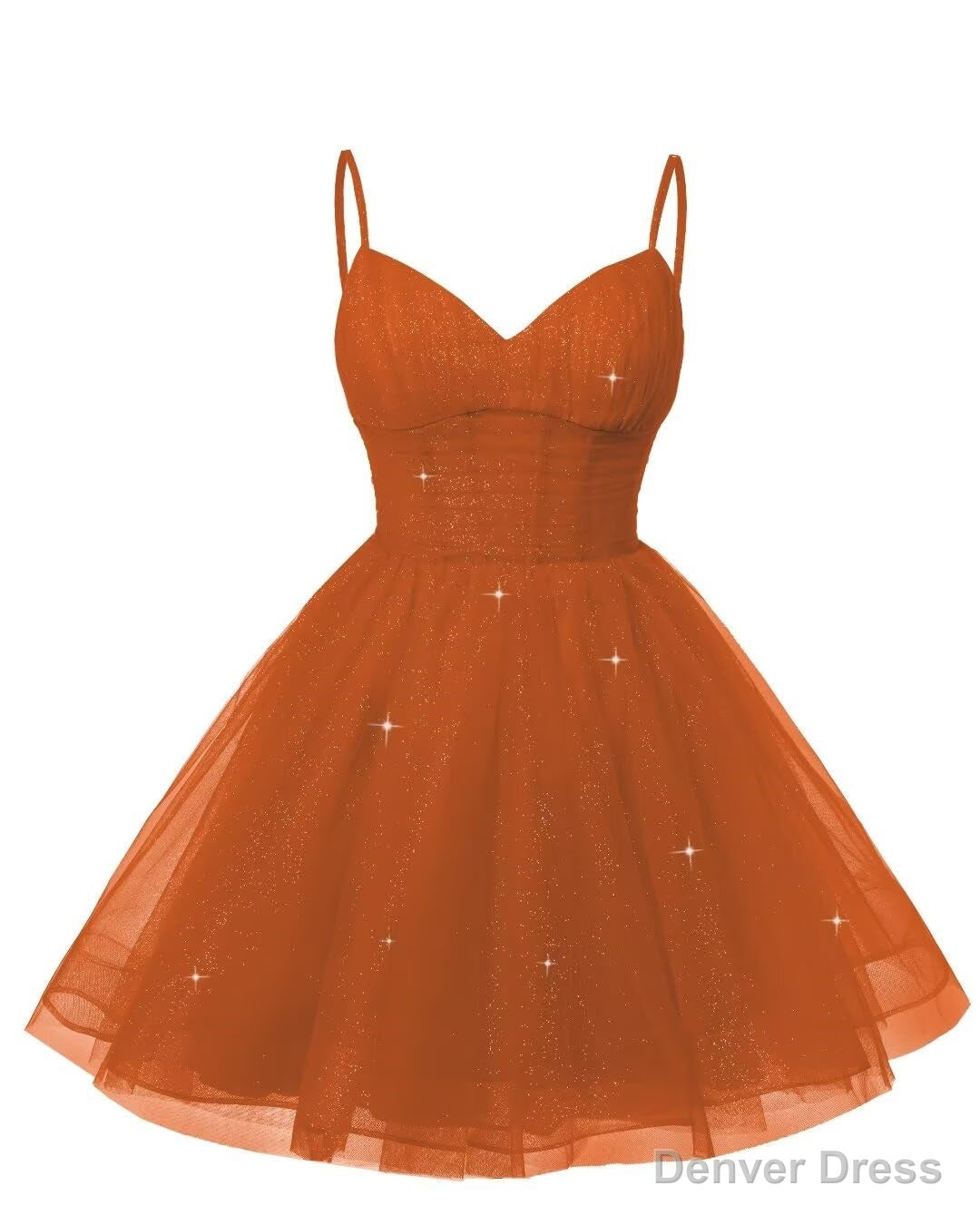 Womens V Neck Tulle Spaghetti Straps Burnt Orange Homecoming Dresses with Corset Back Short Prom Gown for Teens