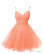 Womens V Neck Tulle Spaghetti Straps Coral Homecoming Dresses with Corset Back Short Prom Gown for Teens