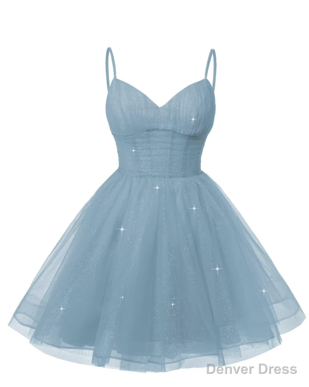 Womens V Neck Tulle Spaghetti Straps Dusty Blue Homecoming Dresses with Corset Back Short Prom Gown for Teens Secondary image