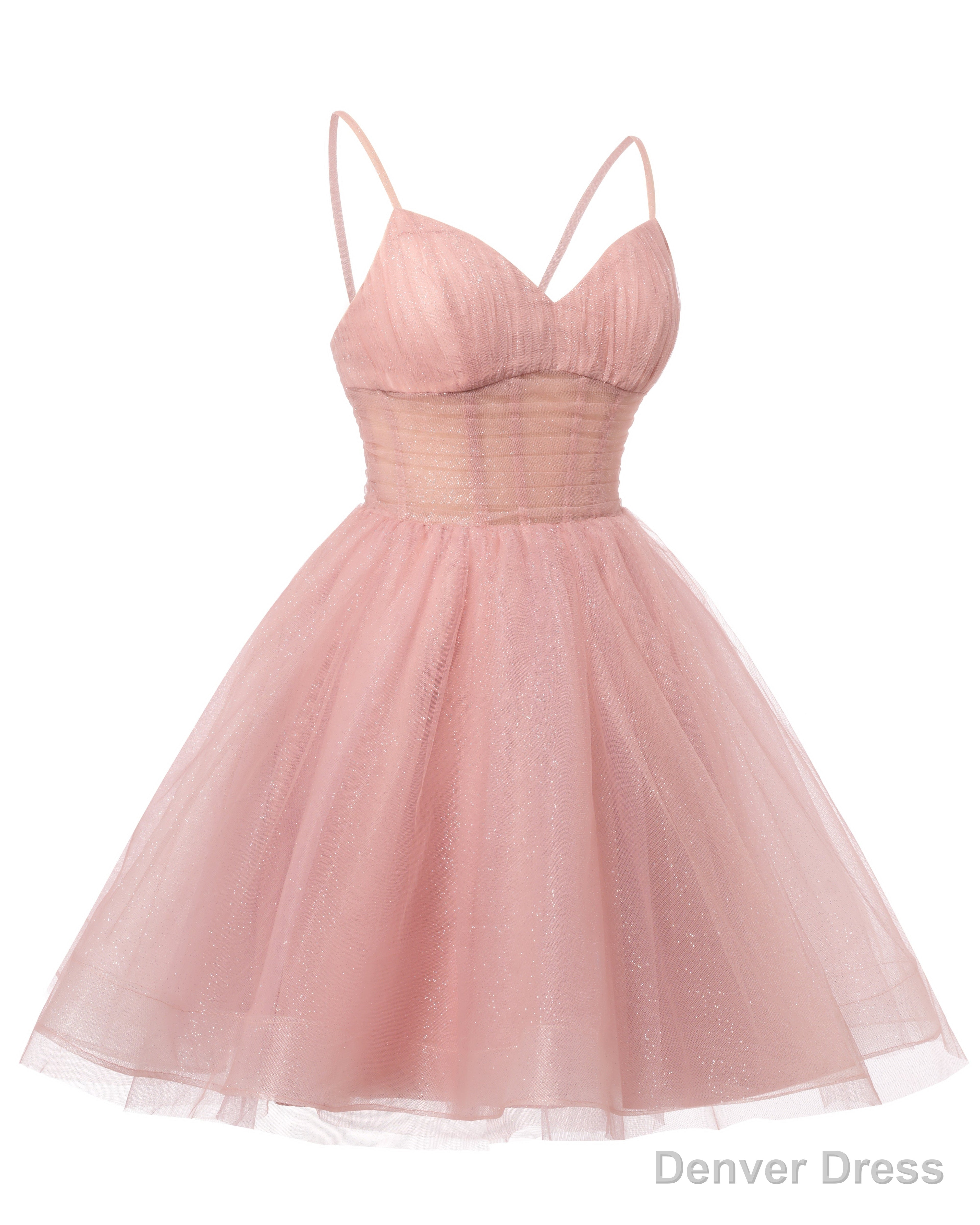 Womens V Neck Tulle Spaghetti Straps Blush Pink Homecoming Dresses with Corset Back Short Prom Gown for Teens
