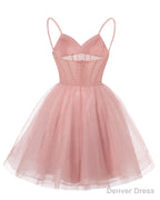 Womens V Neck Tulle Spaghetti Straps Coral Homecoming Dresses with Corset Back Short Prom Gown for Teens