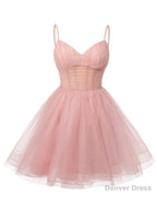 Womens V Neck Tulle Spaghetti Straps Blue Homecoming Dresses with Corset Back Short Prom Gown for Teens