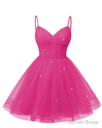 Womens V Neck Tulle Spaghetti Straps Hot Pink Homecoming Dresses with Corset Back Short Prom Gown for Teens