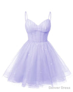Womens V Neck Tulle Spaghetti Straps Lilac Homecoming Dresses with Corset Back Short Prom Gowns for Teens