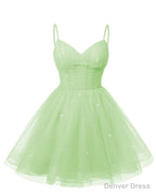 Womens V Neck Tulle Spaghetti Straps Mint Green Homecoming Dresses with Corset Back Short Prom Gowns for Teens