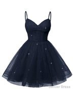 Womens V Neck Tulle Spaghetti Straps Navy Blue Homecoming Dresses with Corset Back Short Prom Gown for Teens