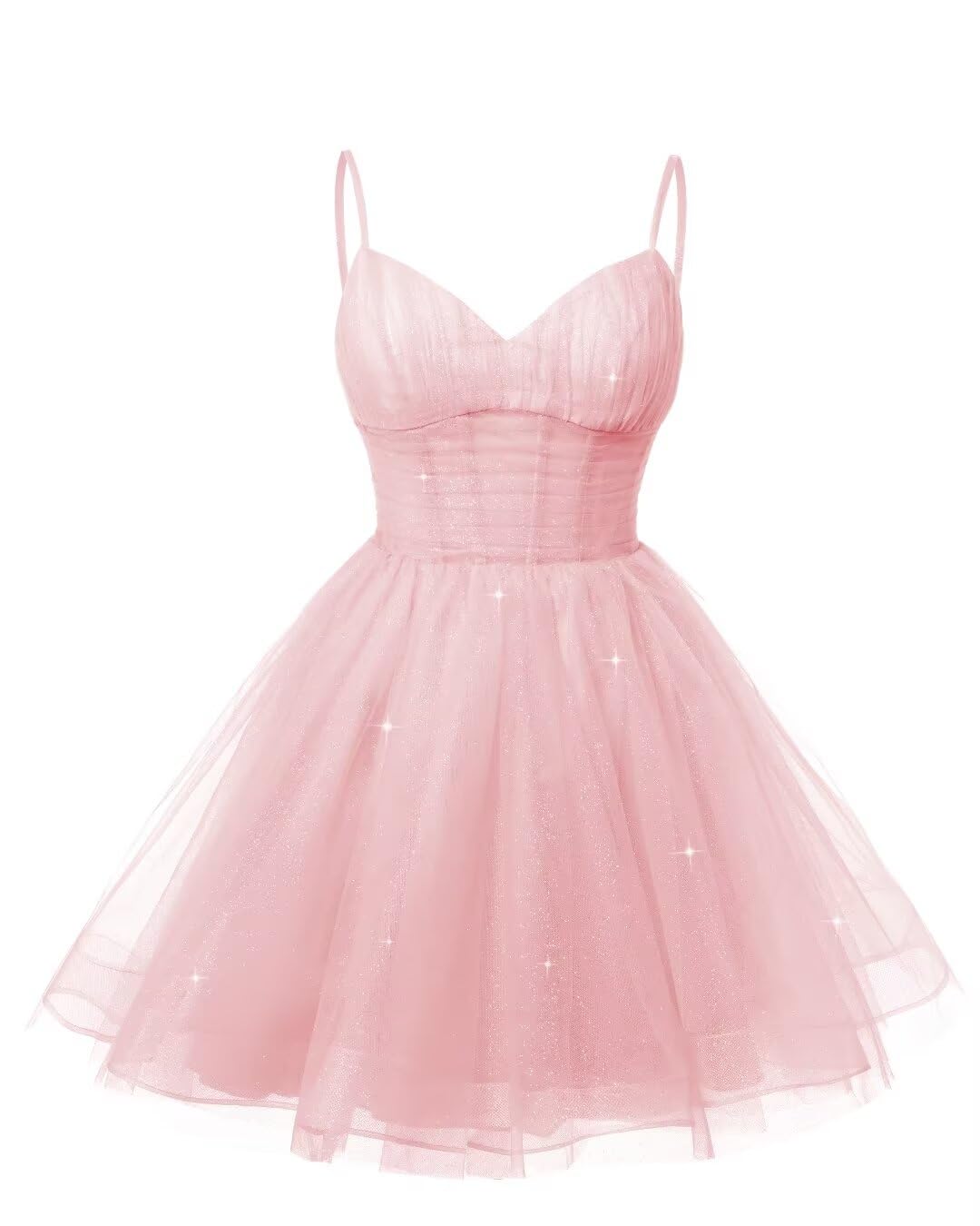 Womens V Neck Tulle Spaghetti Straps Pink Homecoming Dresses with Corset Back Short Prom Gown for Teens Main image