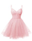 Womens V Neck Tulle Spaghetti Straps Pink Homecoming Dresses with Corset Back Short Prom Gowns for Teens