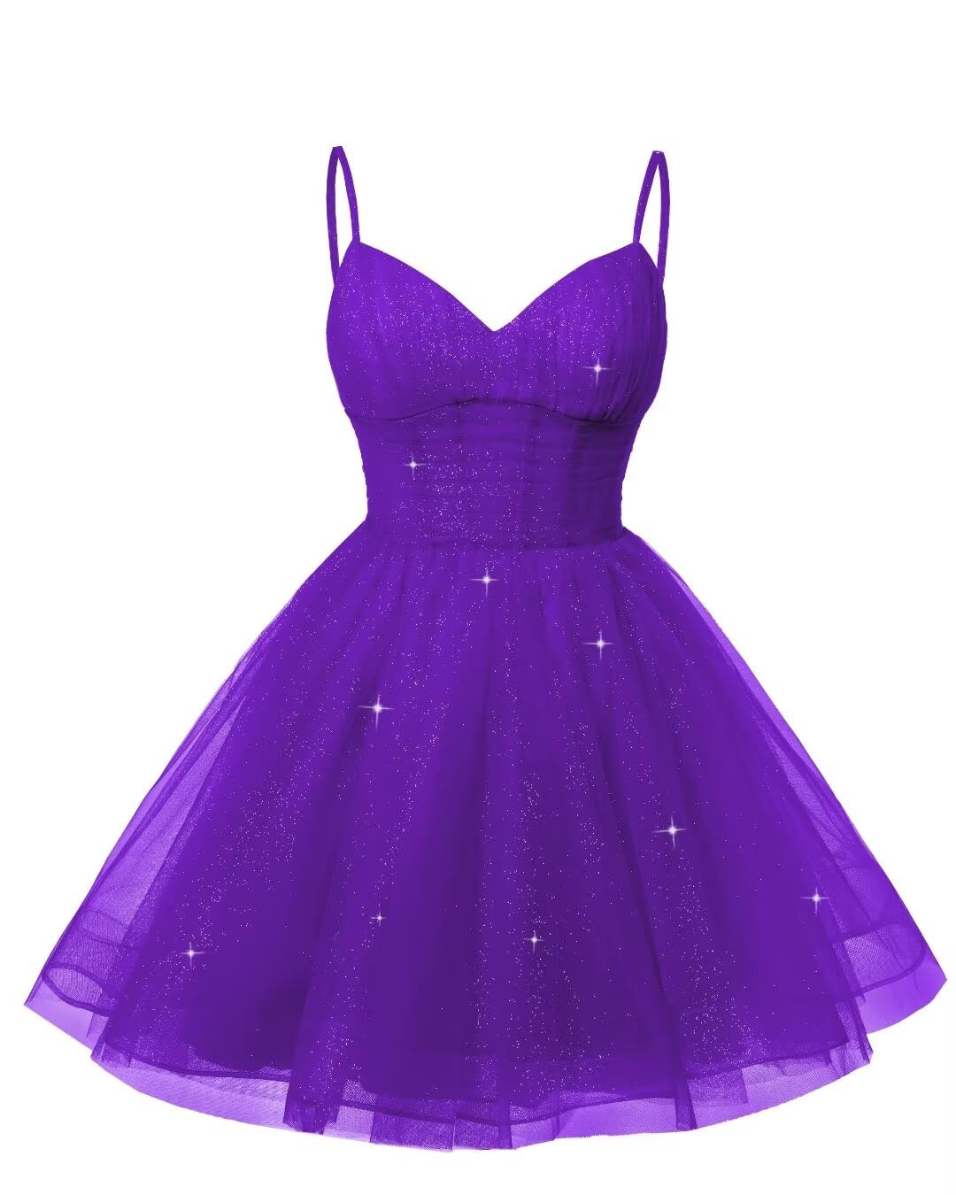 Womens V Neck Tulle Spaghetti Straps Purple Homecoming Dresses with Corset Back Short Prom Gown for Teens