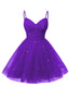 Womens V Neck Tulle Spaghetti Straps Purple Homecoming Dresses with Corset Back Short Prom Gown for Teens