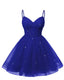 Womens V Neck Tulle Spaghetti Straps Royal Blue Homecoming Dresses with Corset Back Short Prom Gowns for Teens