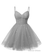 Womens V Neck Tulle Spaghetti Straps Silver Gray Homecoming Dresses with Corset Back Short Prom Gowns for Teens