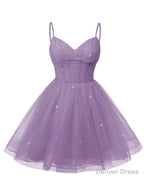 Womens V Neck Tulle Spaghetti Straps Wisteria Homecoming Dresses with Corset Back Short Prom Gown for Teens