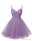 Womens V Neck Tulle Spaghetti Straps Wisteria Homecoming Dresses with Corset Back Short Prom Gown for Teens