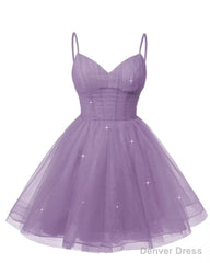 Womens V Neck Tulle Spaghetti Straps Wisteria Homecoming Dresses with Corset Back Short Prom Gowns for Teens