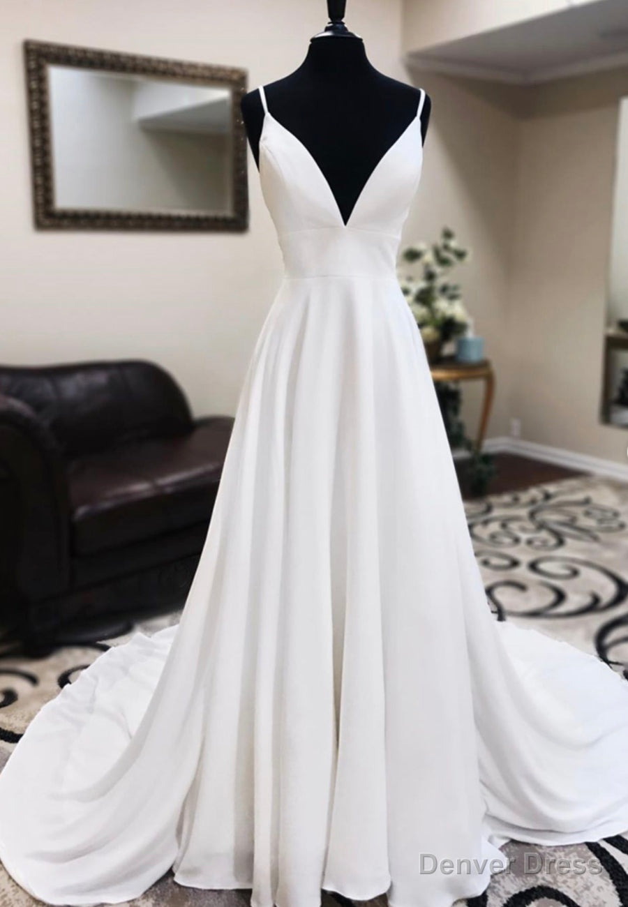 White V-Neck Long Prom Dresses, A-Line Lace Evening Dresses Main image