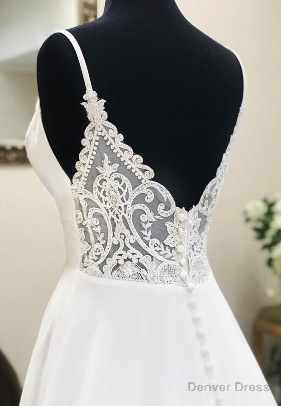 White V-Neck Long Prom Dresses, A-Line Lace Evening Dresses Secondary image