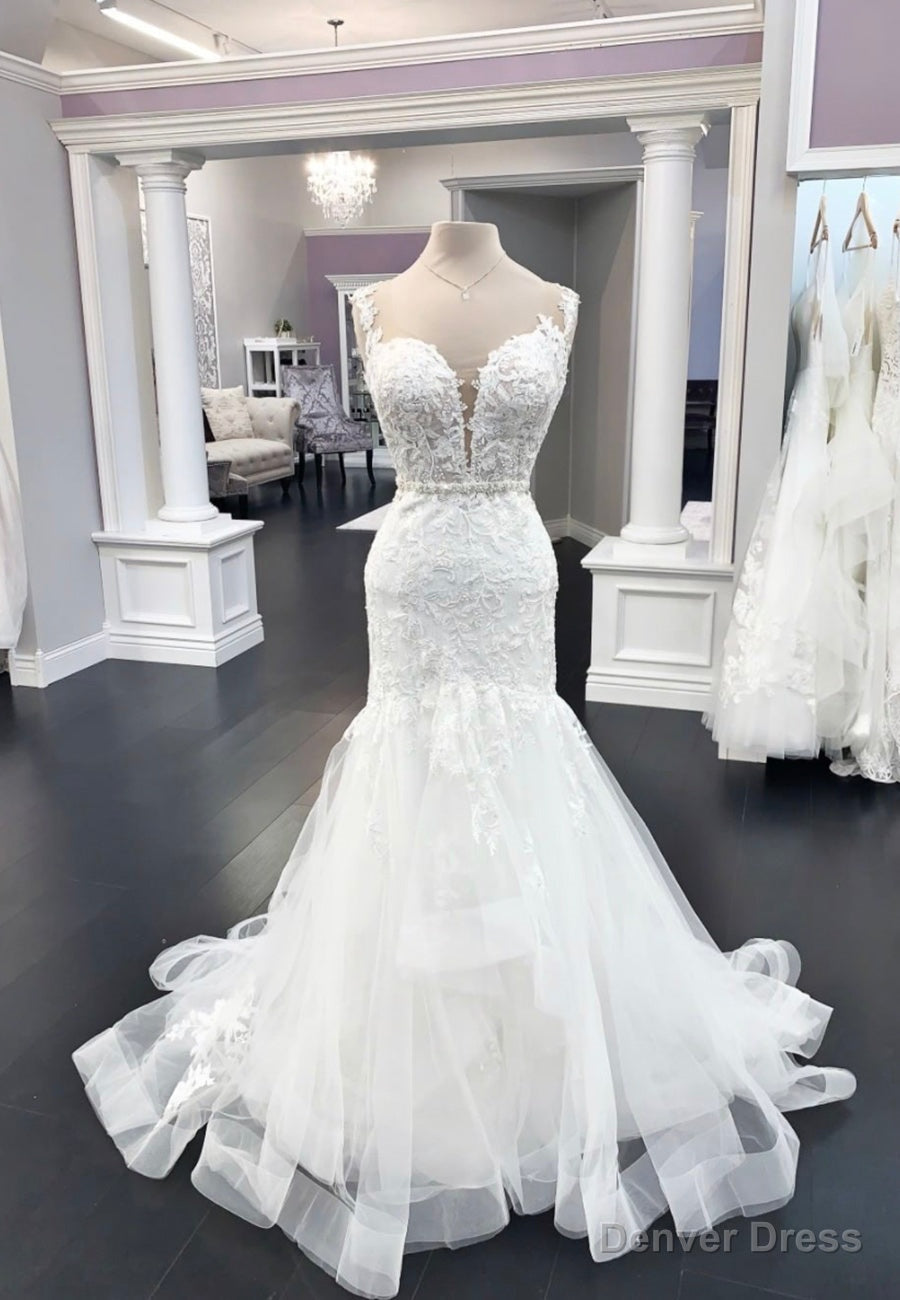 White Lace Long Prom Dresses, Mermaid Evening Dresses Main image