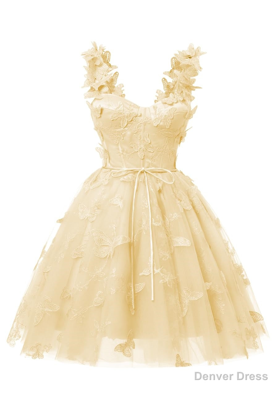 Yellow 3D Butterfly Lace Applique Tulle Homecoming Dress for Teens Sweetheart Mini Short Prom Dresses Main image