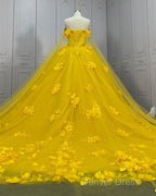 Yellow 3D Flowers Ball Gown Dresses With Cape