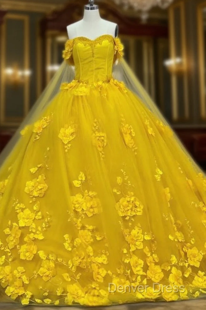 Yellow 3D Flowers Ball Gown Dresses With Cape Main image