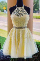 yellow a line halter backless homecoming dress