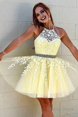 yellow a line halter backless homecoming dress