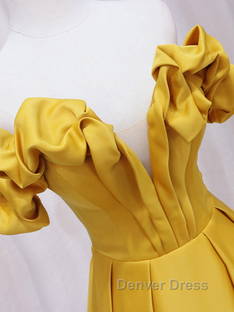 Yellow A Line Satin Long Prom Dress, Yellow Prom Dresses