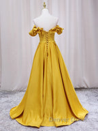 Yellow A Line Satin Long Prom Dress, Yellow Prom Dresses