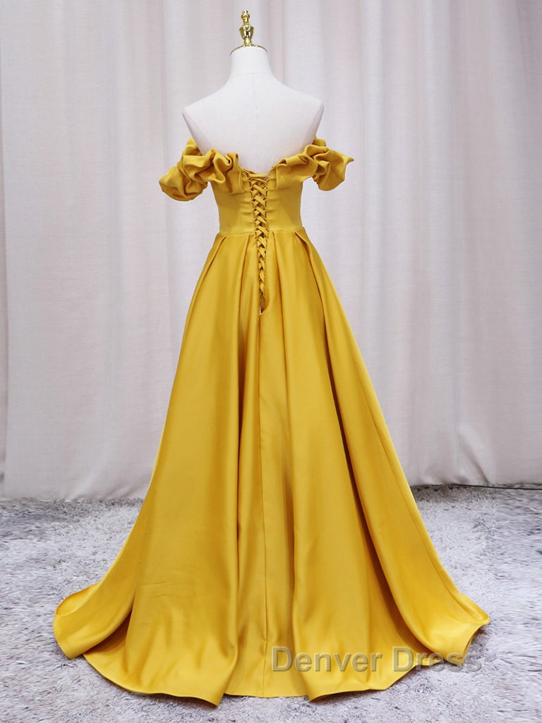 Yellow A Line Satin Long Prom Dress, Yellow Prom Dresses
