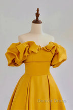 Yellow A-Line Satin Off Shoulder Long Party Dresses, Yellow Formal Dresses Evening Dresses