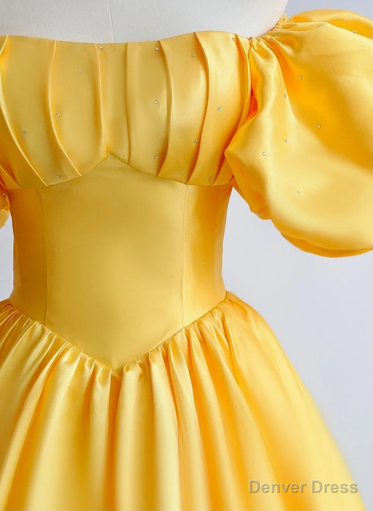 Yellow A Line Satin Off Shoulder Prom Dress, Yellow Prom Dresses